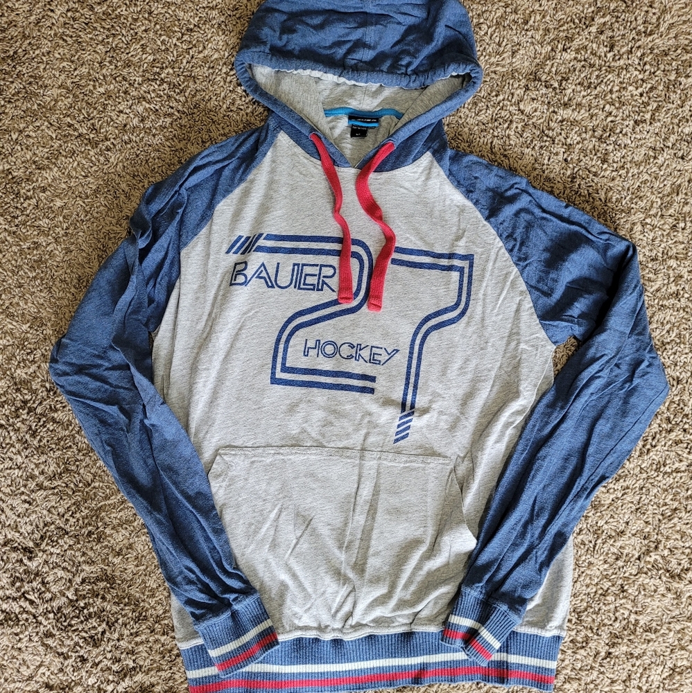 Mens Bauer Hockey Lightweight Hoodie. Vintage look. Small. Gray and Blue.